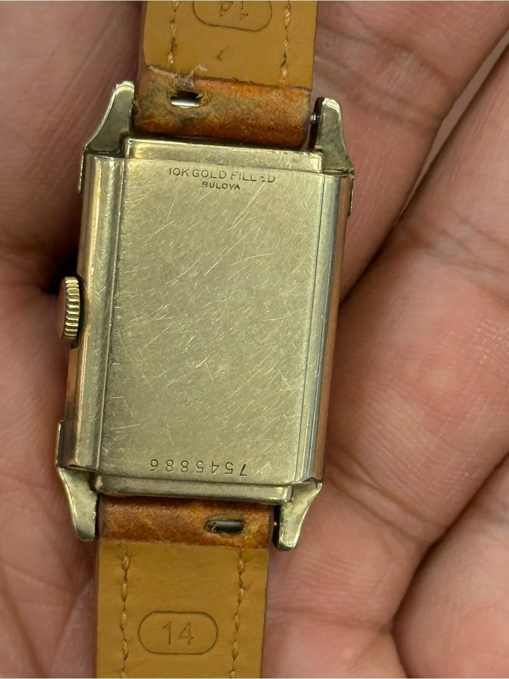 Bulova vintage 10k gold  Rectangular  Watch with Brown Leather Strap rare unisex